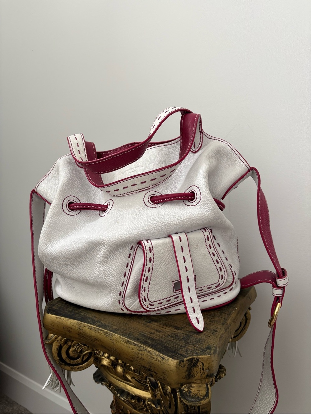 Lancel premier flirt leather White Shoulder Bag with Pink Trim and Top Handle